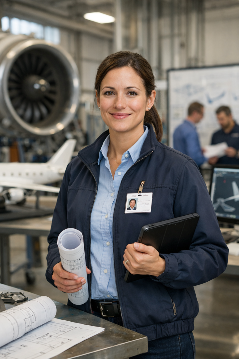 Woman in work jacket holds tablet and blueprints in aircraft engineering workshop.