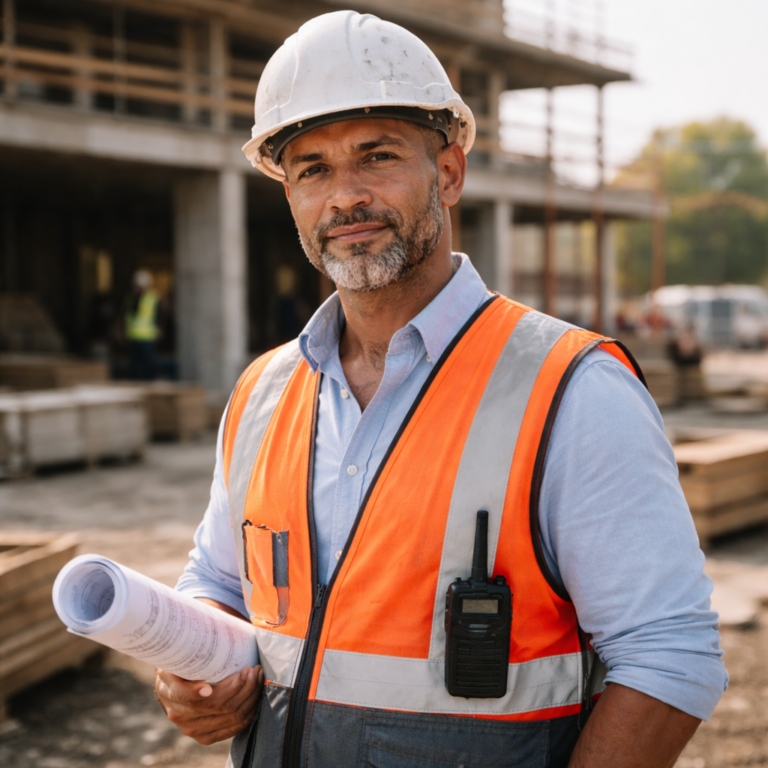 A construction worker in a safety vest and helmet holds paperwork at a building site.