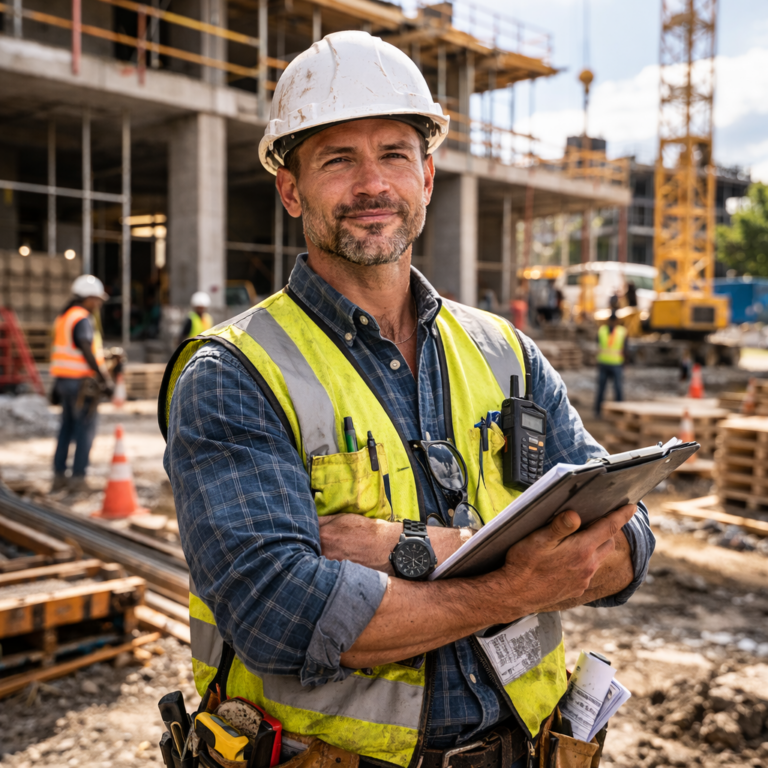 Construction worker in safety gear surveys a building site, clipboard in hand.