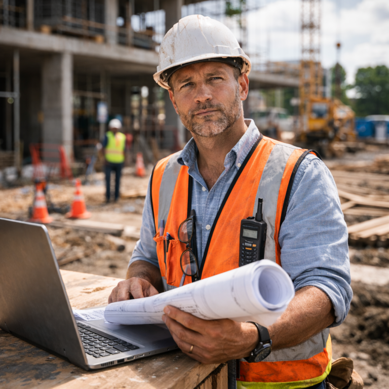 Construction worker in safety gear reviews construction plans and uses a laptop at the site.
