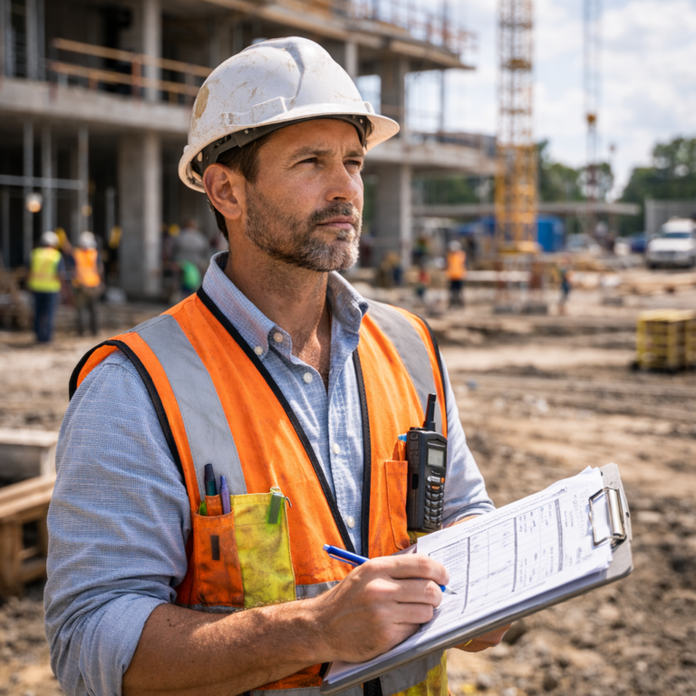 Construction worker in safety gear holding a clipboard at a busy building site.