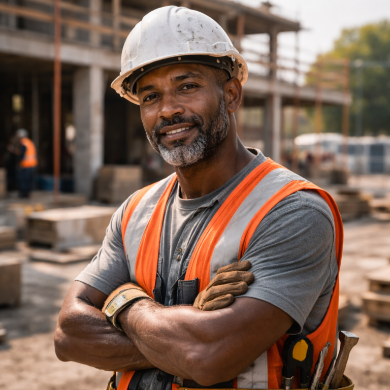 Construction worker in high-visibility vest and helmet stands confidently at a building site, arms folded.
