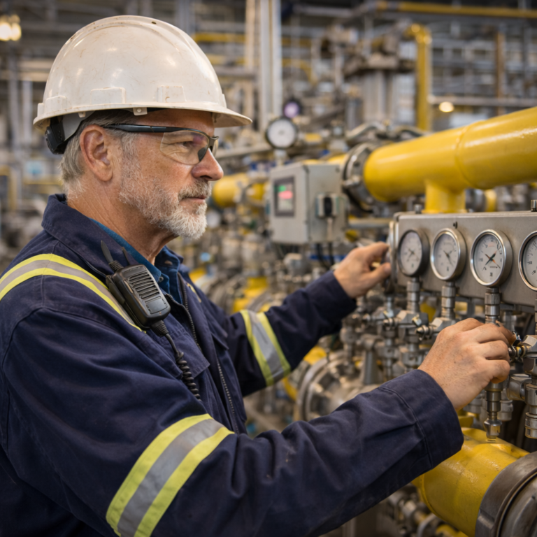 Engineer adjusts gauges on yellow pipes at an industrial facility, wearing safety equipment.