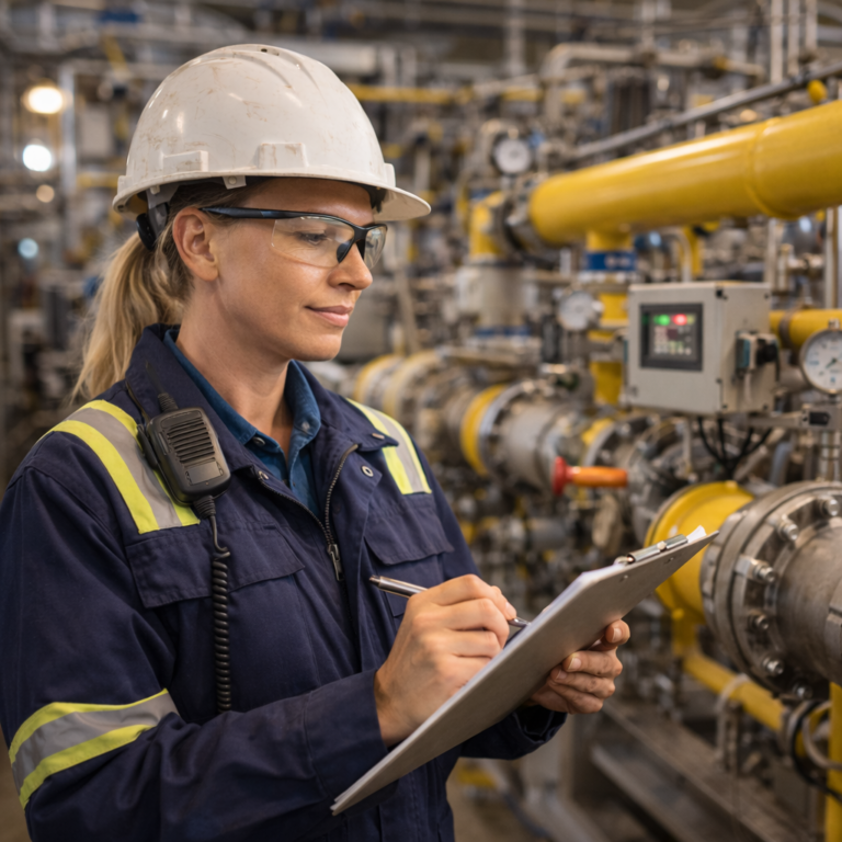 Engineer in safety gear writes on clipboard at industrial facility with pipes and gauges.