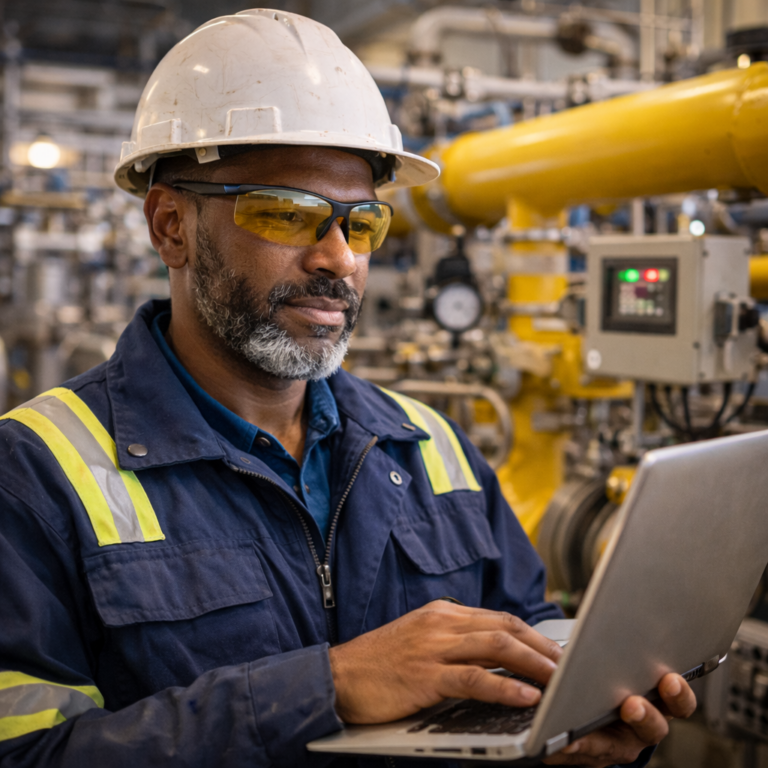 Engineer in safety gear uses a laptop in an industrial facility with pipes and machinery.