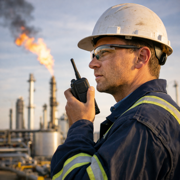 Engineer in safety gear using a walkie-talkie at an industrial plant with a gas flare.