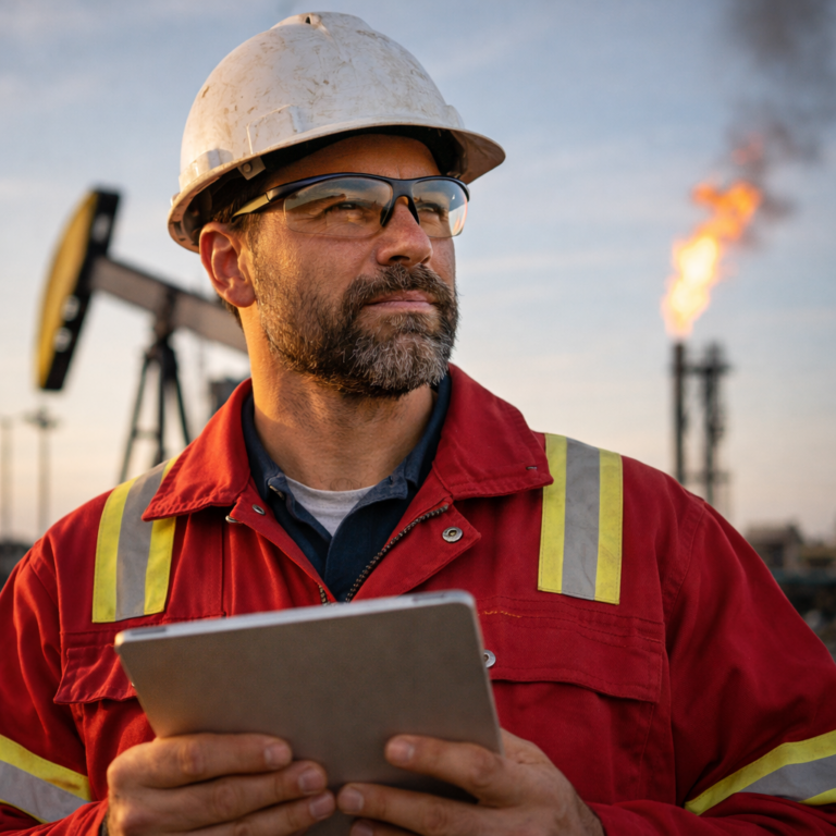 Engineer in safety gear holds tablet at oilfield with pumpjack and flames in background.