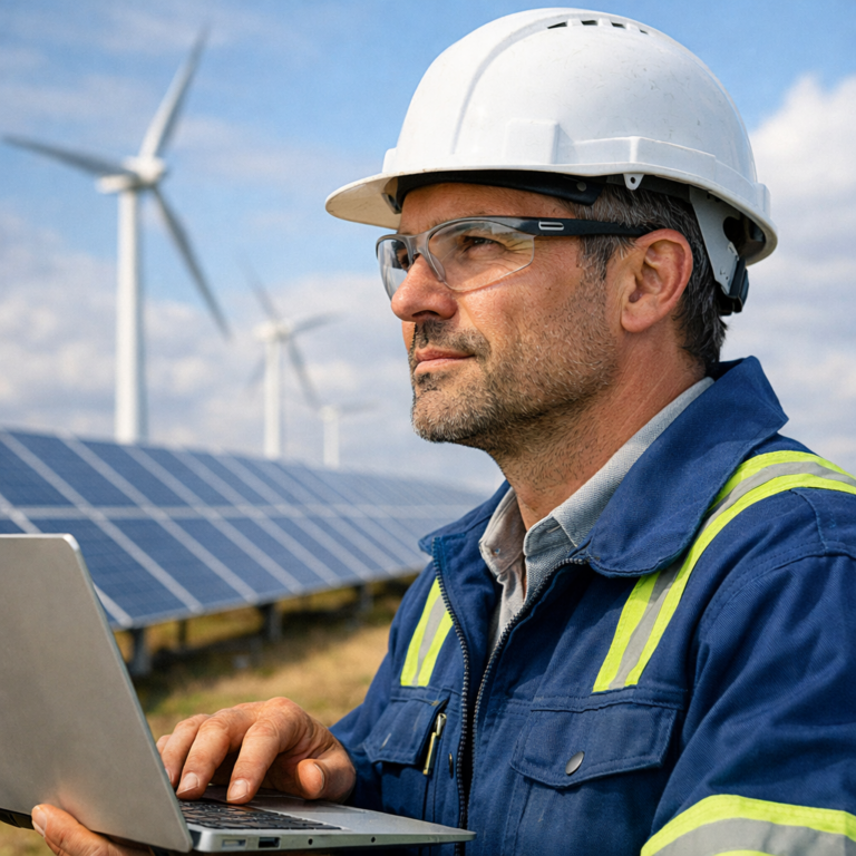 Engineer with laptop in front of solar panels and wind turbines, wearing hard hat and spectacles.