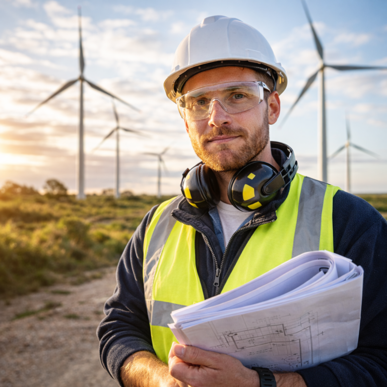Engineer in safety gear studies plans before wind turbines at sunset.