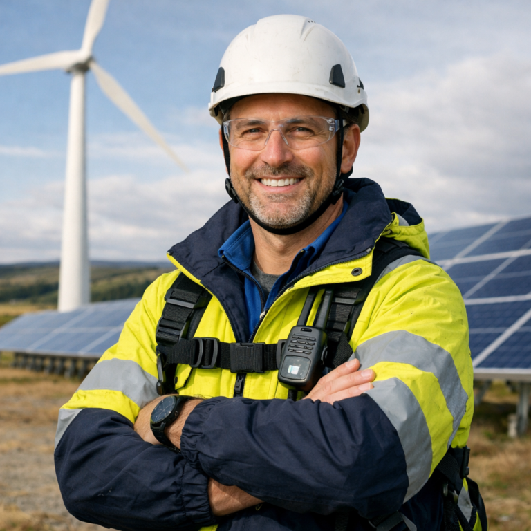 Engineer in safety gear stands by solar panels and a wind turbine outdoors, smiling.