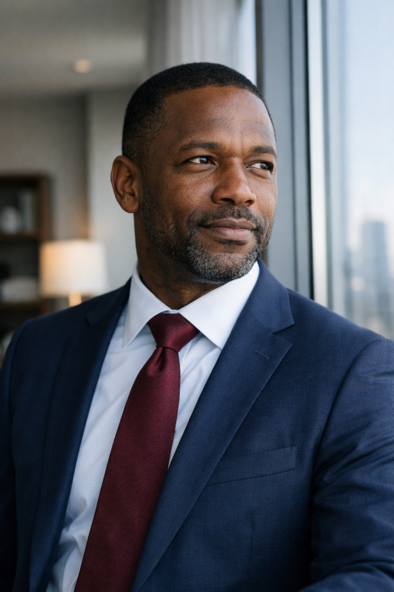 Executive in a navy suit and red tie looking out of a window in an office setting.