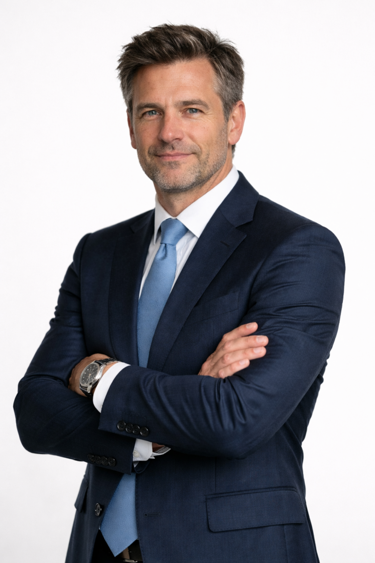 Confident senior executive in dark suit and blue tie stands with arms folded, smiling.