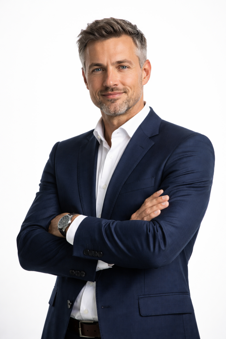Senior executive in a navy suit with arms folded, smiling confidently at the camera.