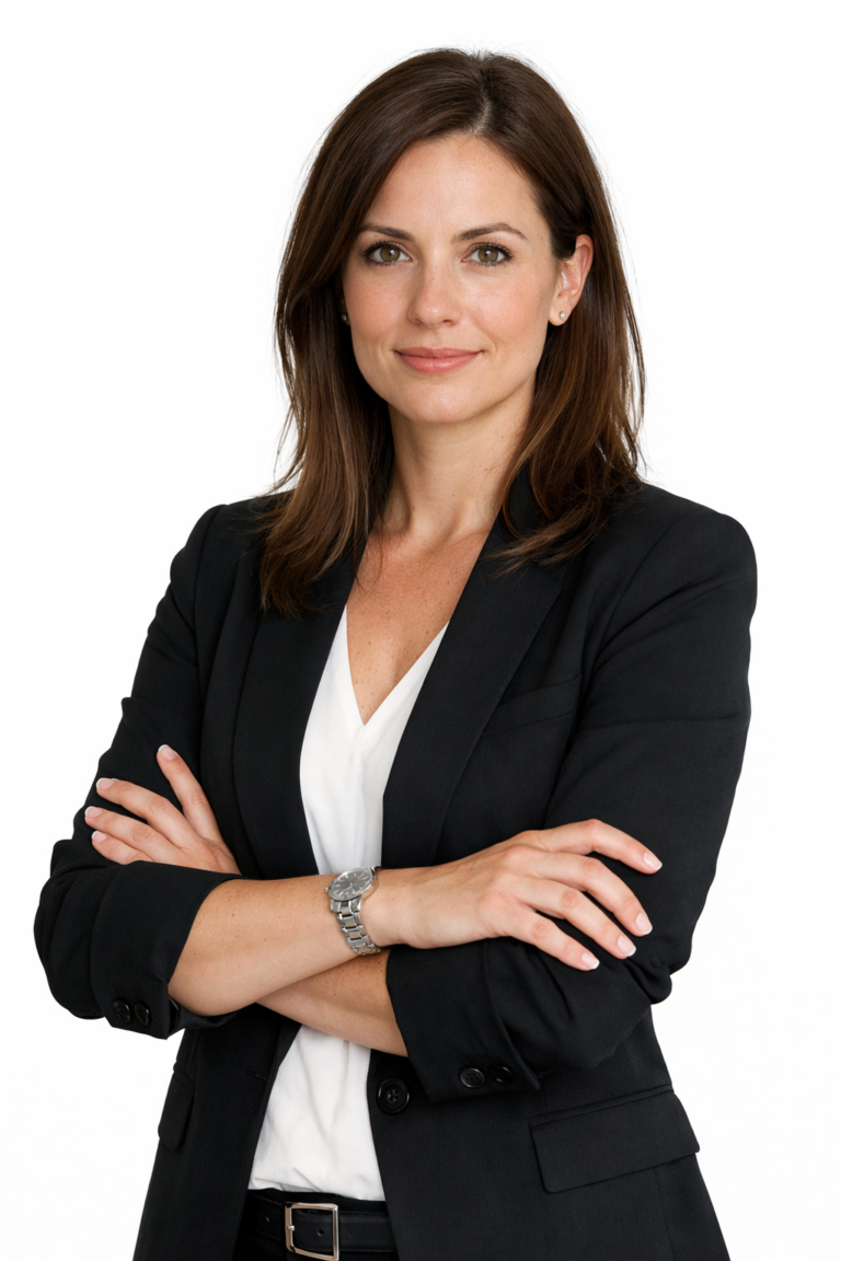 Senior executive woman in a black blazer with arms folded, standing against a white background.