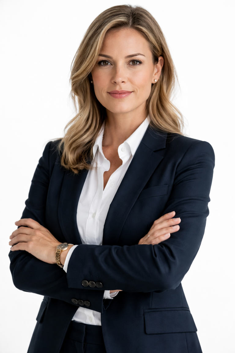Confident senior executive woman in a navy suit, arms folded, smiling against a white background.