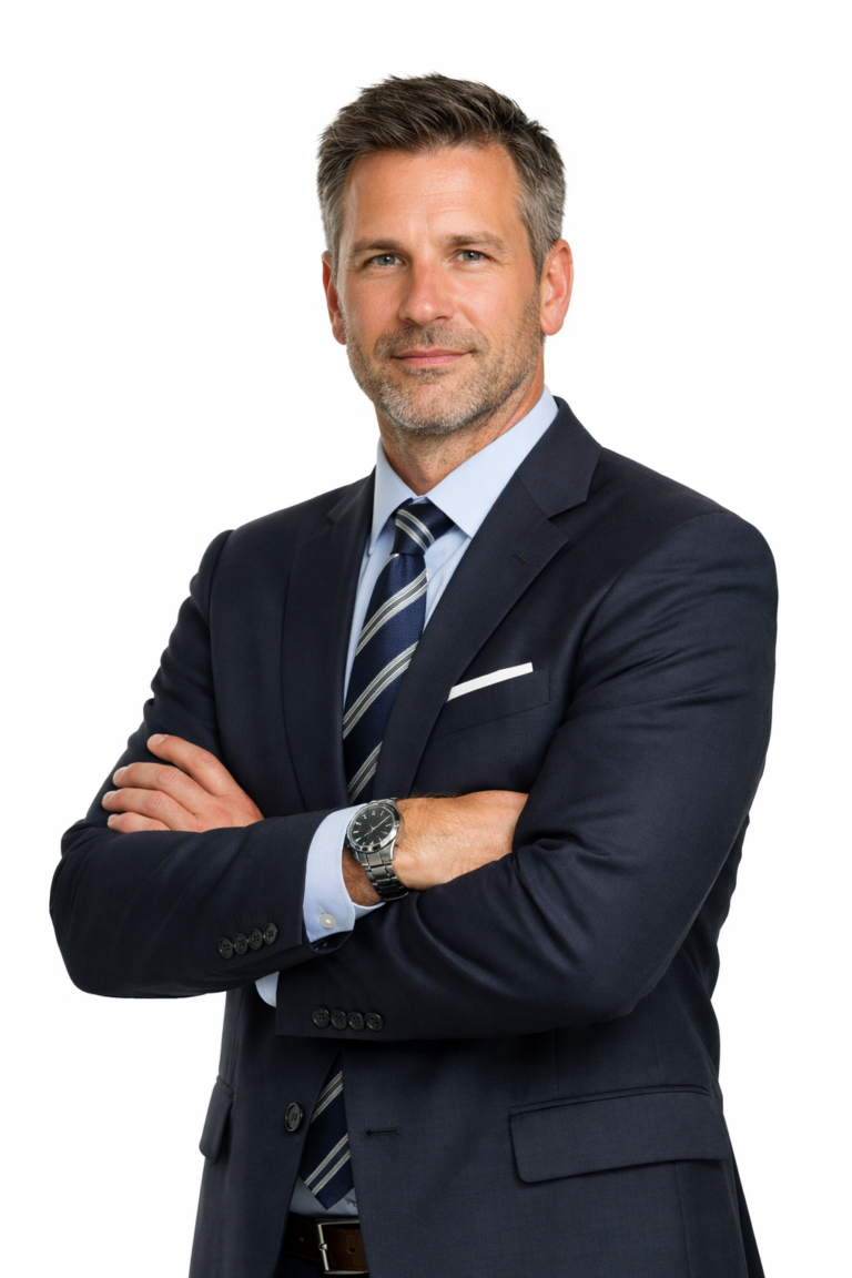 Senior executive in a navy suit with arms folded, standing against a white background.