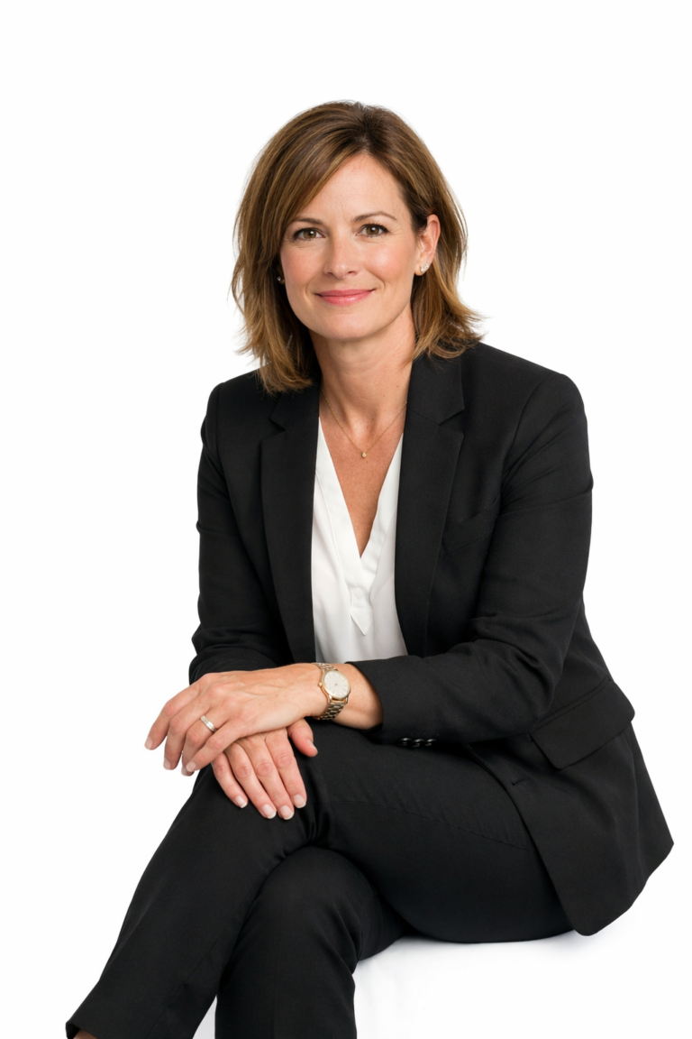 Executive woman in a black suit sitting and smiling against a white background.