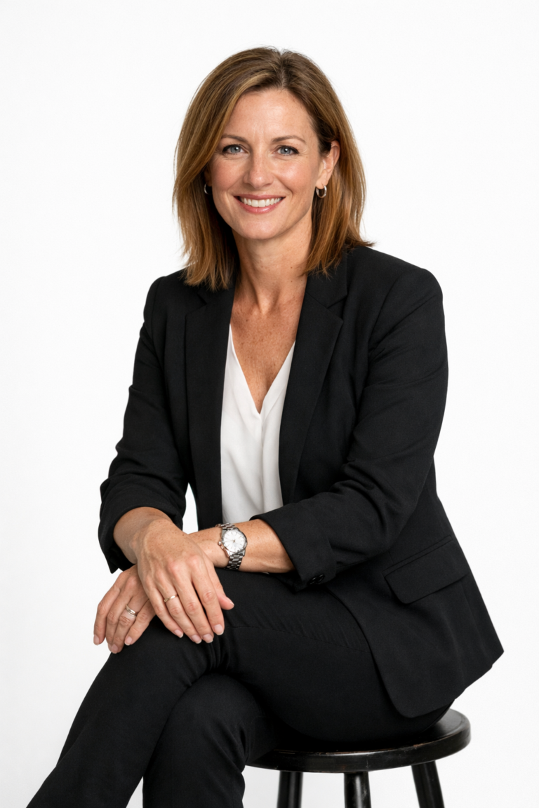 A smiling executive woman in a black suit sits on a stool against a plain white background.