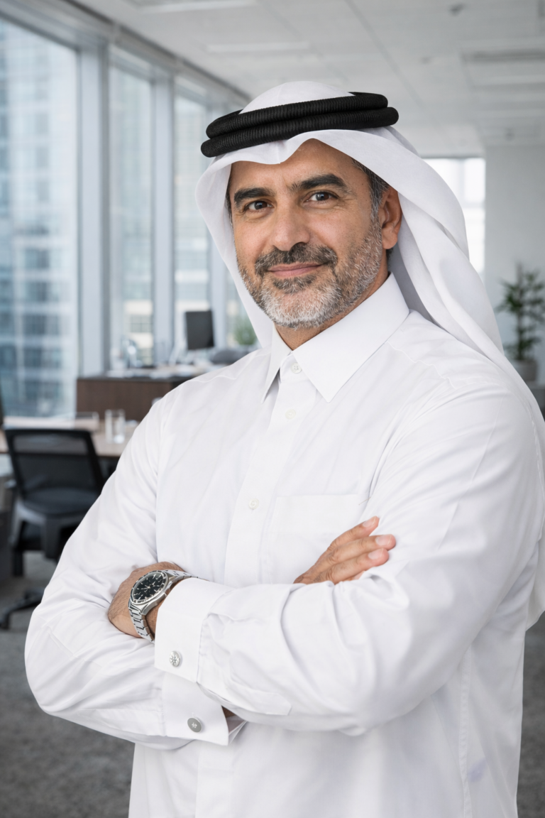 Man in traditional Middle Eastern attire standing with arms folded in a professional office.