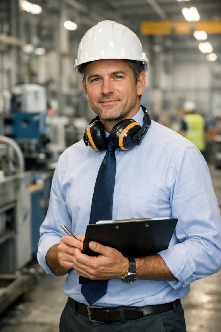 Man in safety helmet and headphones holding clipboard in industrial factory setting.