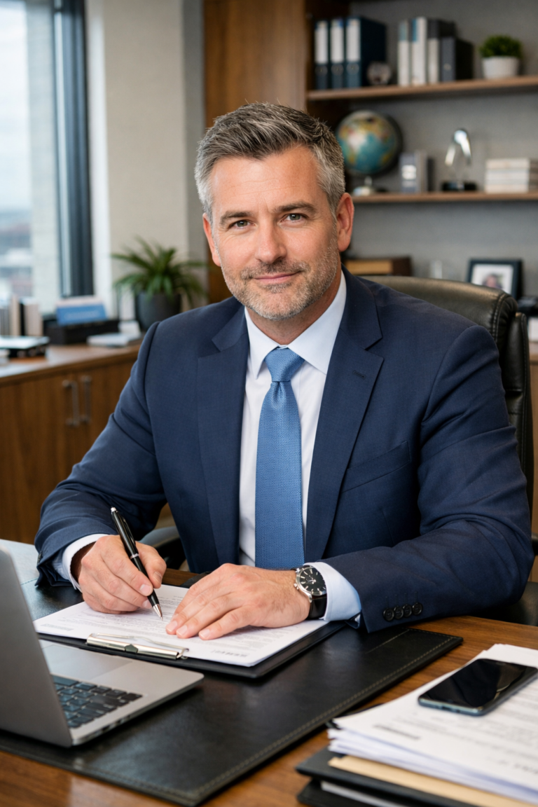 Smiling general manager in a suit writing at his desk with a laptop and documents.