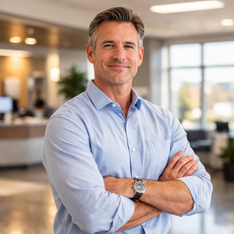 Man in a light blue shirt smiling with arms crossed in a bright modern healthcare office.