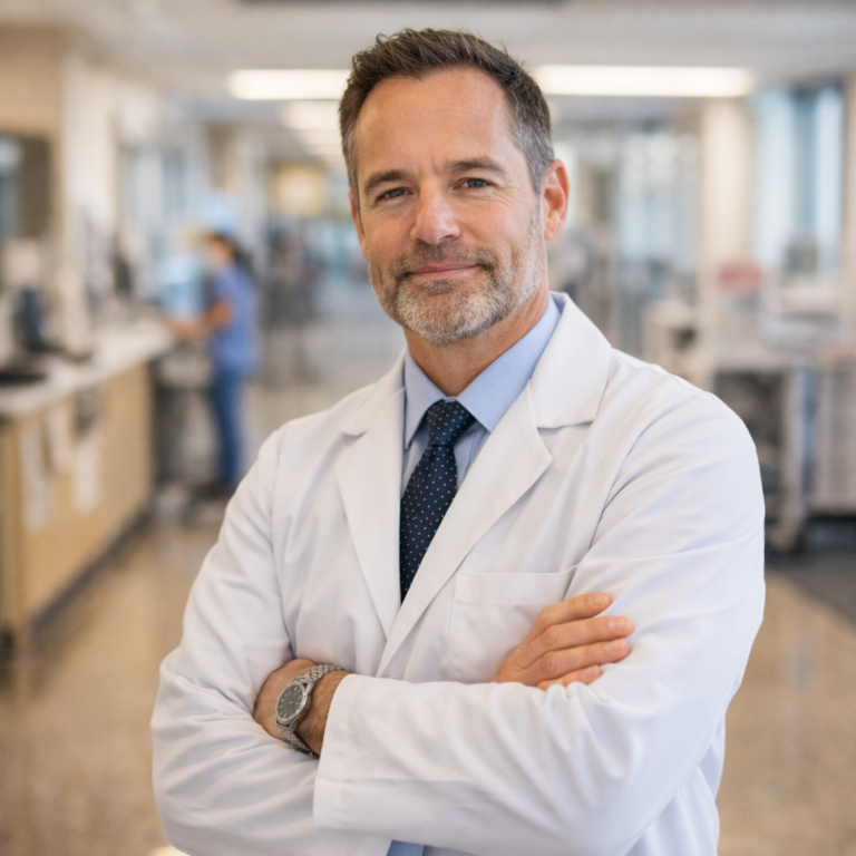 Male healthcare doctor in a white coat stands confidently with arms folded in a hospital corridor.