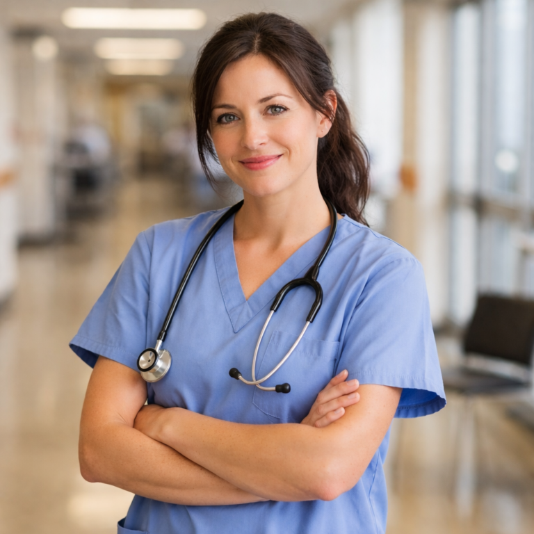 A smiling healthcare nurse in blue scrubs with a stethoscope stands in a bright hospital corridor.