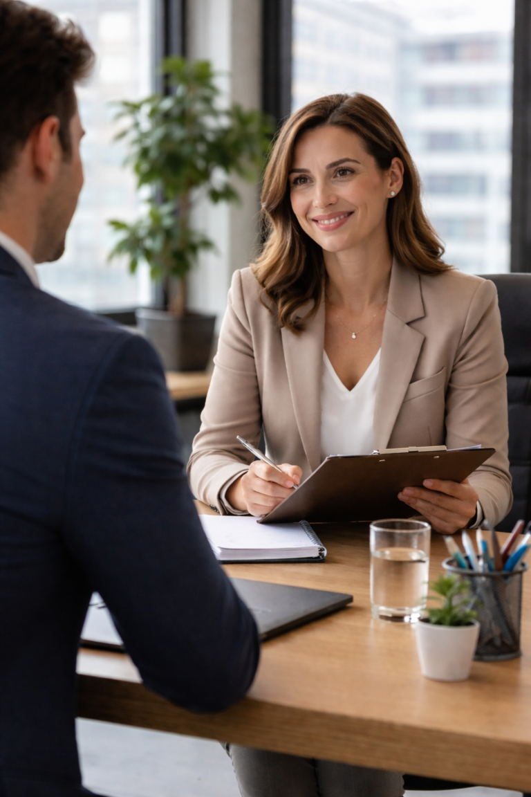 Manager interviewing a candidate, both smiling in a professional office setting.