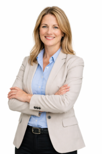 Smiling HR manager in a beige jacket and blue shirt stands with arms crossed against white background.