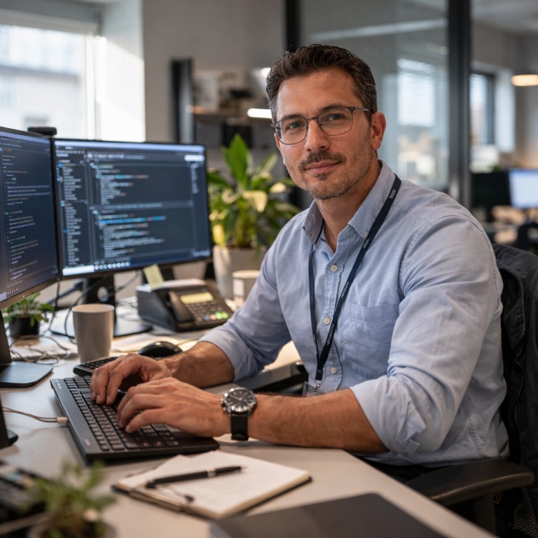 IT manager in spectacles working at a computer with code on screens in a modern office.