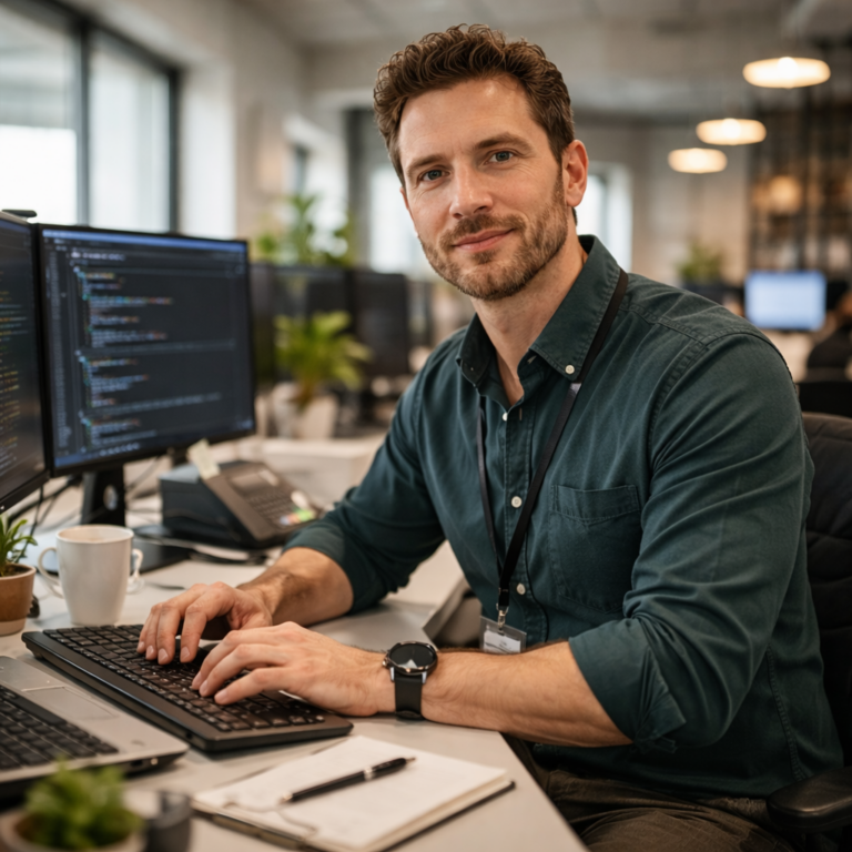 IT manager typing at desk with dual monitors displaying code in modern office setting.