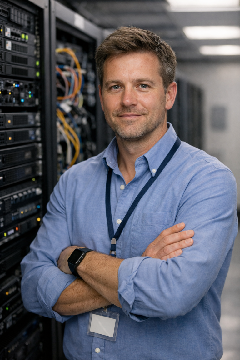 IT manager with folded arms stands in a server room, wearing a blue shirt and ID badge.