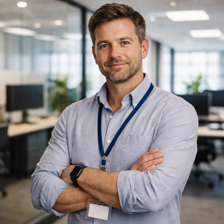 Confident IT manager with folded arms stands in a modern office, wearing a lanyard and smartwatch.