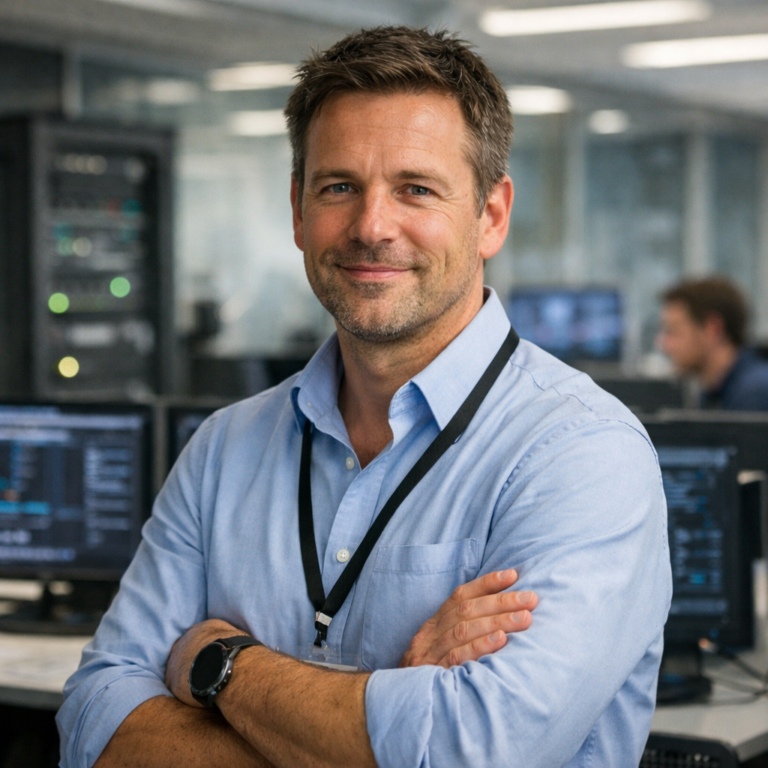 An IT manager in a blue shirt stands smiling in an office with computer monitors behind him.