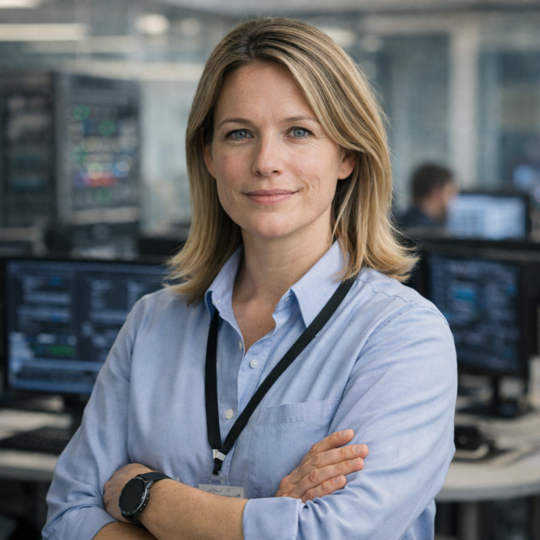 IT manager in a blue shirt standing confidently in an office with computer monitors behind her.