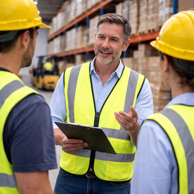 Manager in a warehouse discusses logistics with two workers in yellow safety vests and helmets.