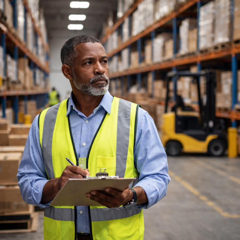 Man in safety vest with clipboard in logistics warehouse, shelves and forklift in background.