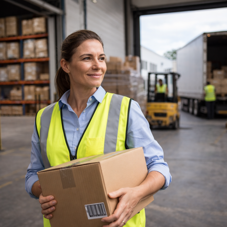 Woman in safety vest holding a box at a busy logistics warehouse with workers and forklift truck.