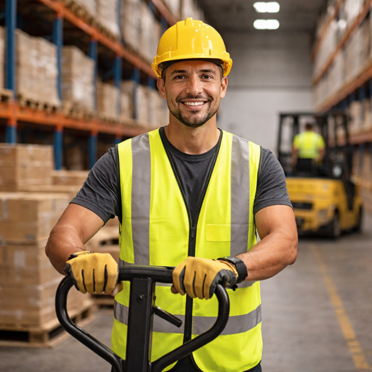 Smiling warehouse worker in safety gear holding a pallet truck in a busy logistics facility.