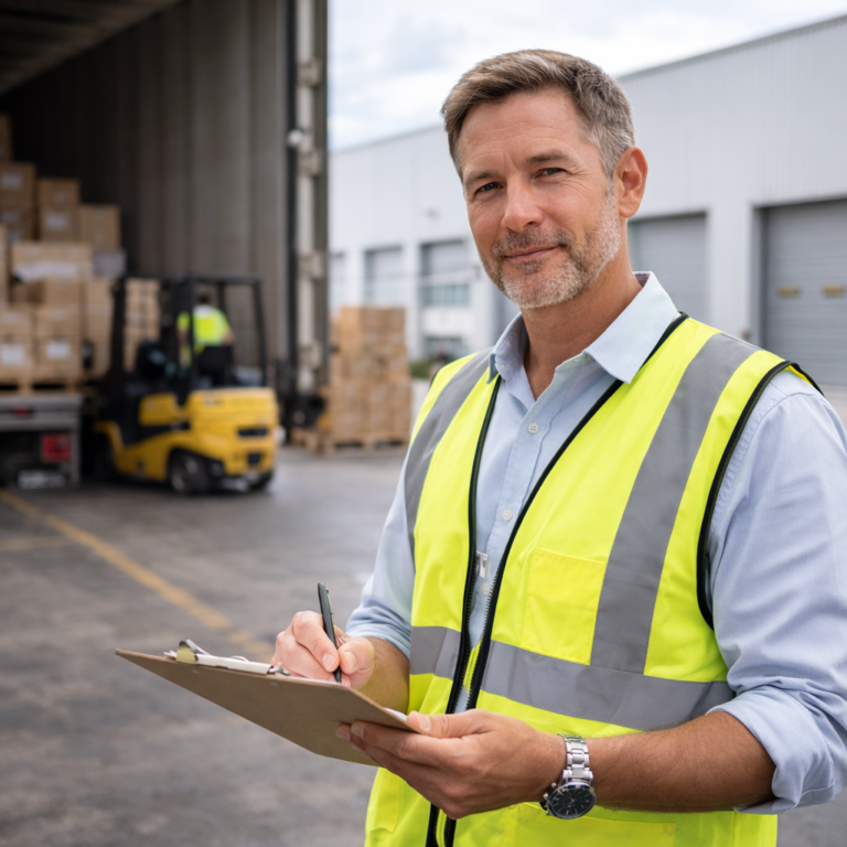 Man in safety vest holding clipboard at logistics warehouse with forklift and boxes behind him.