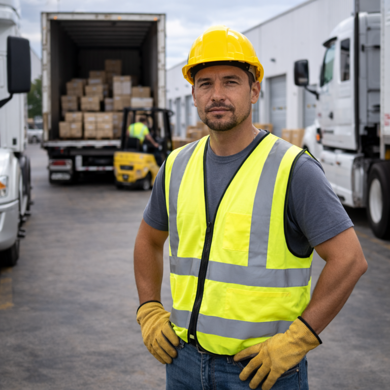 Worker in safety gear oversees logistics at a warehouse loading bay with lorries and a forklift truck.