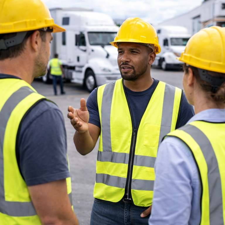 Three construction workers in safety vests discuss logistics outdoors near warehouse lorries.