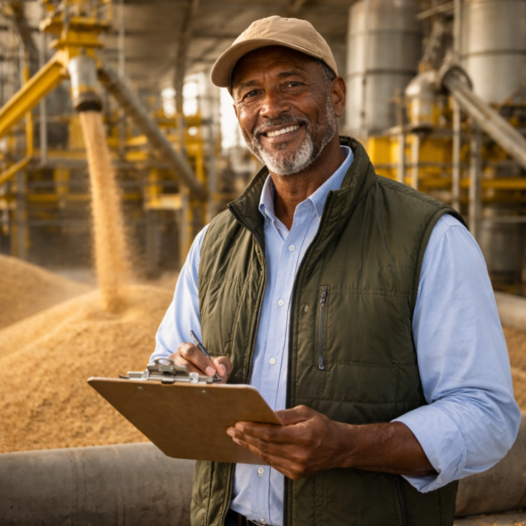 Smiling agribusiness worker with clipboard stands at grain processing facility, wearing waistcoat and cap.