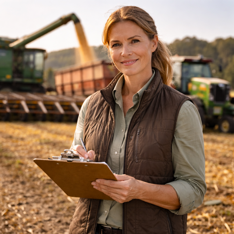 Smiling woman with clipboard stands on farm, showcasing agribusiness near tractor and equipment.