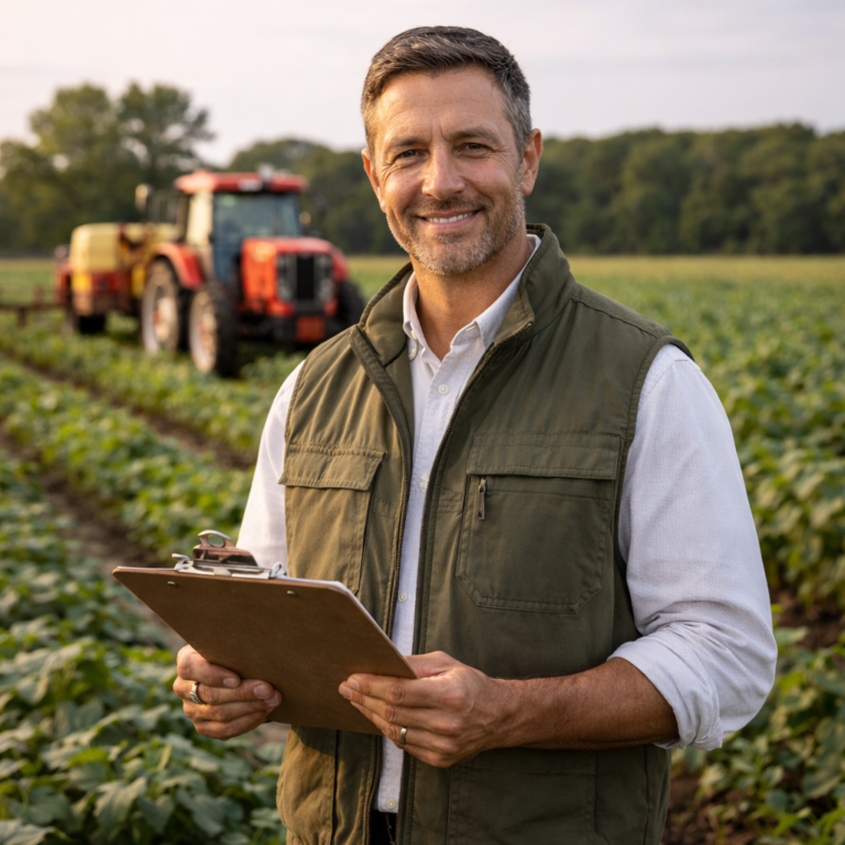 Smiling agribusinessman with clipboard stands in a crop field, tractor in the background.