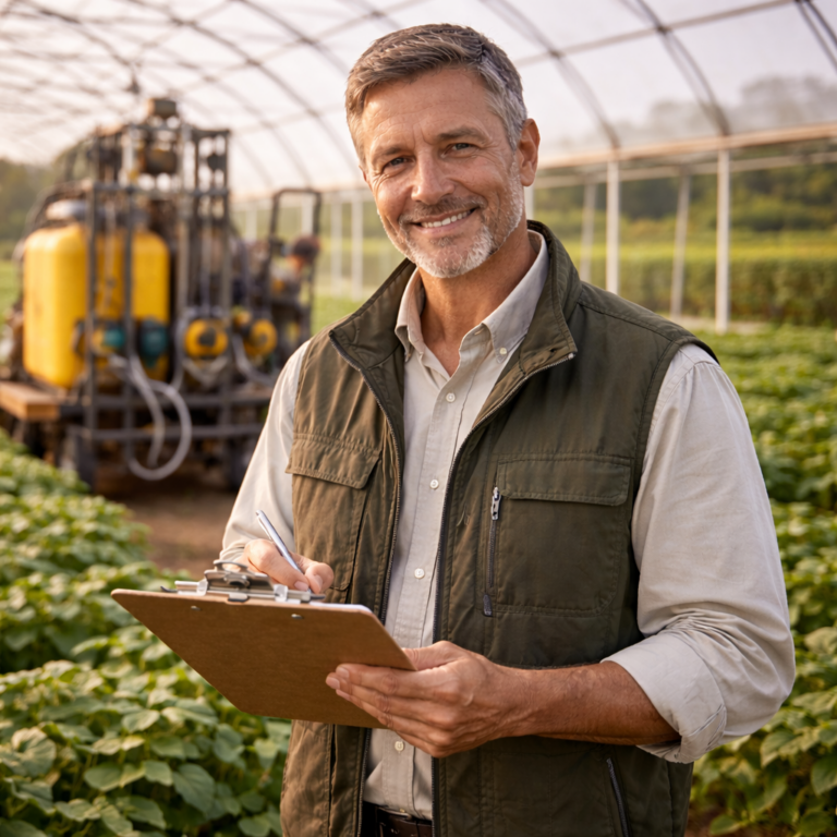 Smiling man with clipboard stands in glasshouse, showcasing modern agribusiness equipment.