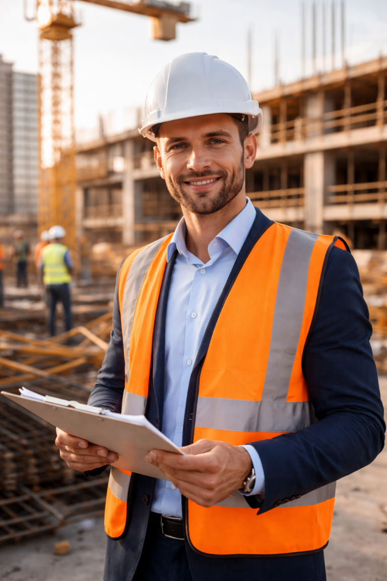 Man in a suit and safety gear holding clipboard at a building site, smiling at camera.