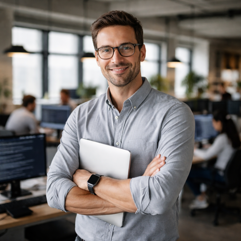 Smiling man with glasses holds a laptop in a modern technology sector office with colleagues.