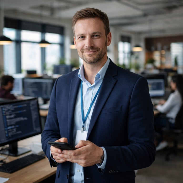 Smiling man in a suit holding a mobile in a modern technology sector office with people working.